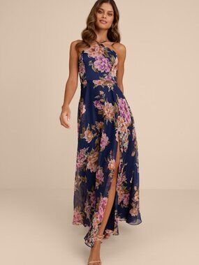 Lulus Romantic Marvel Navy Floral Print Halter Neck Maxi Dress Blue - Size M